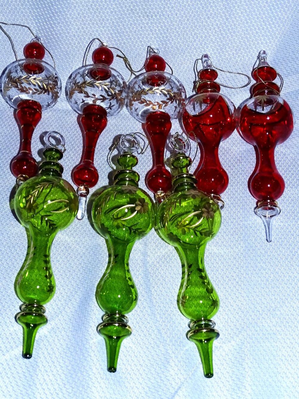 Eight Egyptian Glass Red and Green Glass Christmas Ornaments